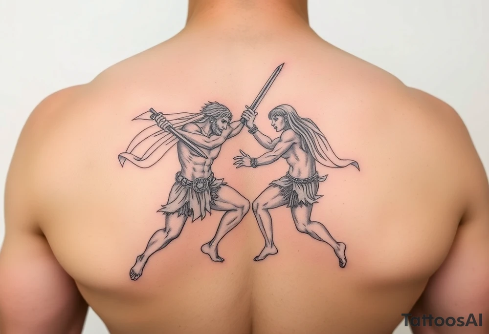 powerful greek mythology fight scene tattoo idea