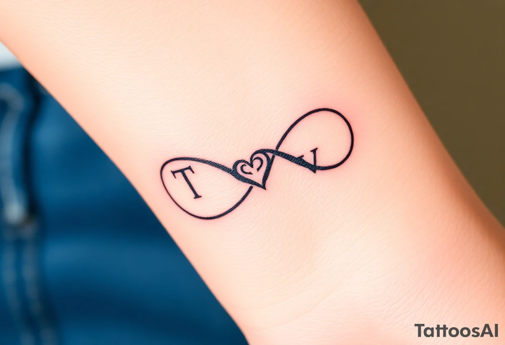 An infinity symbol with two initials T and V on each loop and a tiny heart in the center in black ink tattoo idea