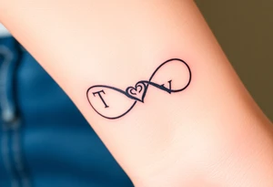 An infinity symbol with two initials T and V on each loop and a tiny heart in the center in black ink tattoo idea