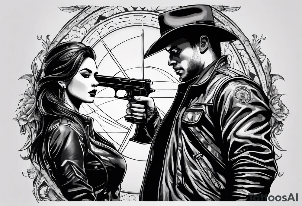In the reflection of a eye two black siloets of people holding guns one man dead on the ground with a wounded woman standing behind him tattoo idea