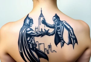 Large format batman and joker fighting in Gotham with buildings tops and bat signal light detailed tattoo idea