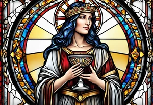holy saint woman with halo stained glass holding a chalice with artillery tattoo idea