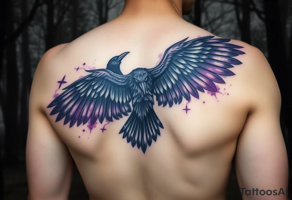 sleeve for ladies with a raven with open wings up, in a misty forest, purple shade watercolors coming from the wings, ethereal and vivid, Celtic/Viking symbols or marks with cursive romantic words tattoo idea
