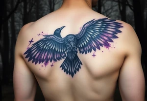 sleeve for ladies with a raven with open wings up, in a misty forest, purple shade watercolors coming from the wings, ethereal and vivid, Celtic/Viking symbols or marks with cursive romantic words tattoo idea