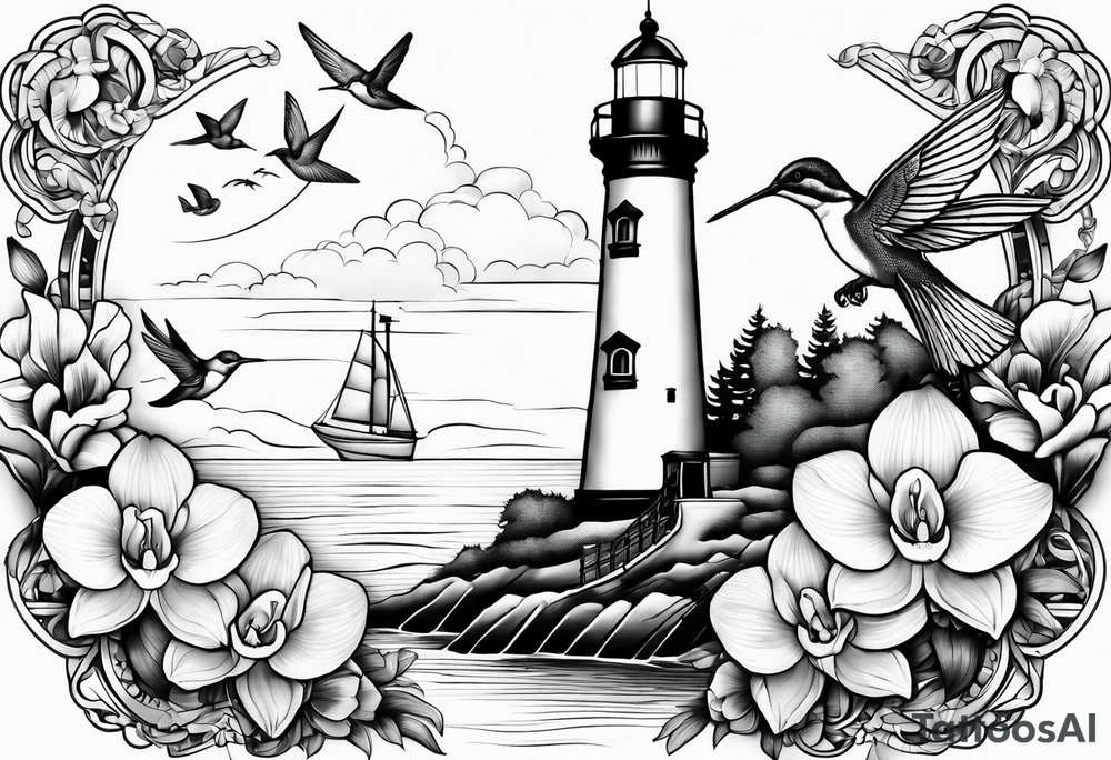 Lighthouse and an anchor and orchids and a hummingbird tattoo idea