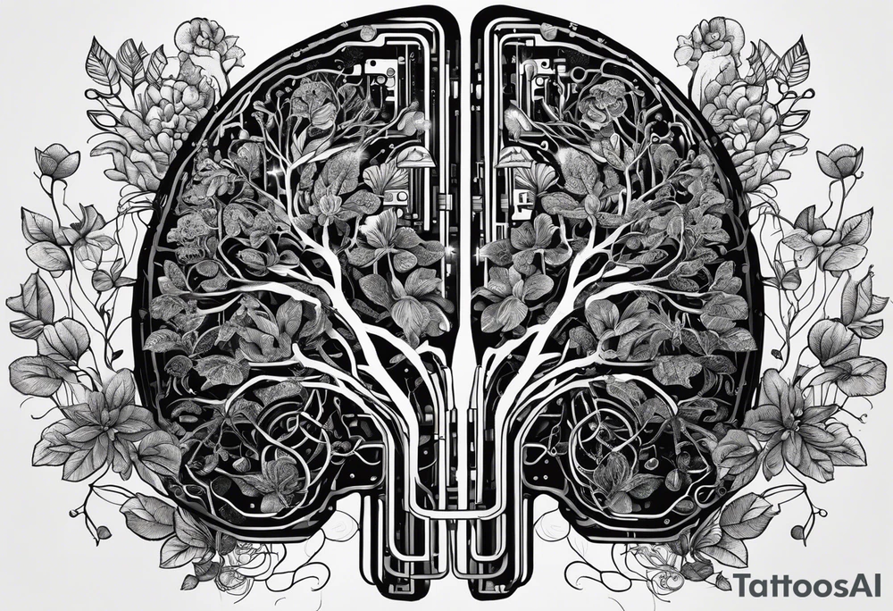 rewiring of the brain, with plants growing out in a circuit board like pattern of lines tattoo idea