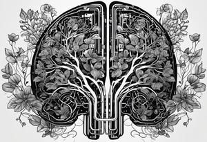 rewiring of the brain, with plants growing out in a circuit board like pattern of lines tattoo idea