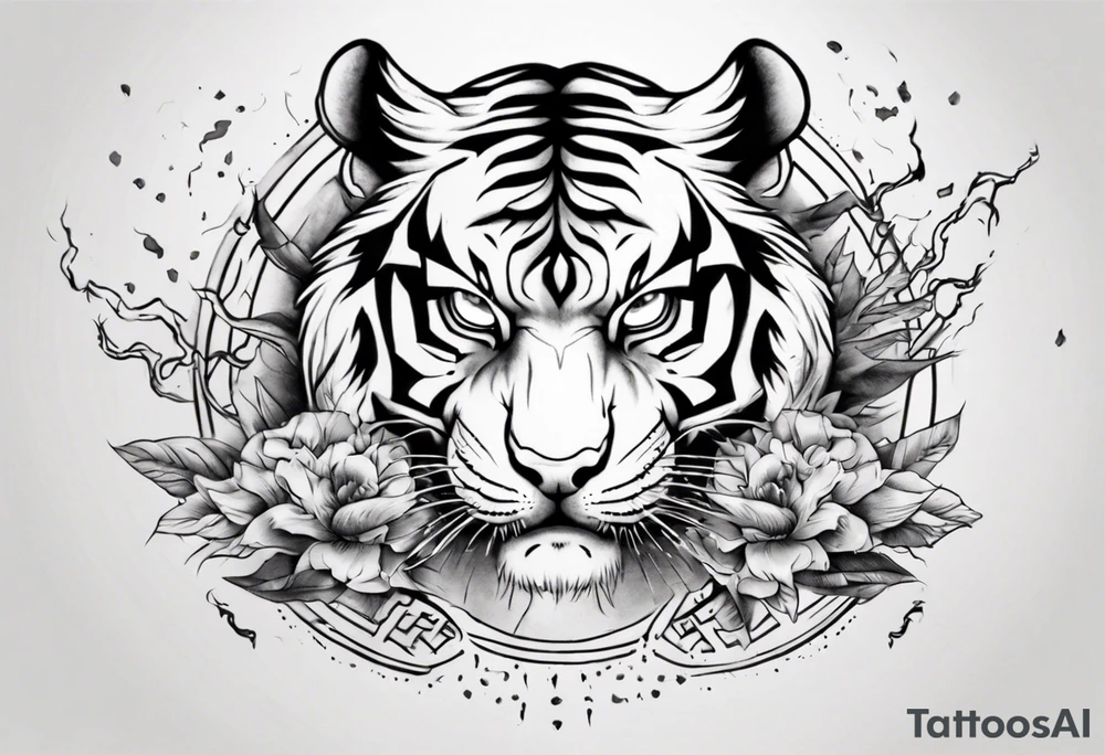 Tiger design with lightning and the sun for a forearm sleeve tattoo idea