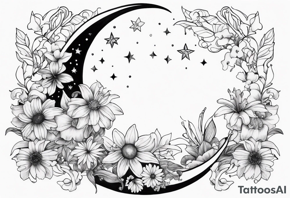 Crescent moon with daisy's, lily’s, crystals, and mushrooms tattoo idea
