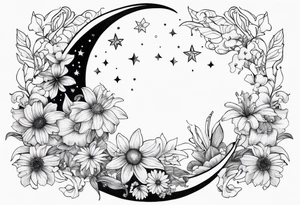 Crescent moon with daisy's, lily’s, crystals, and mushrooms tattoo idea