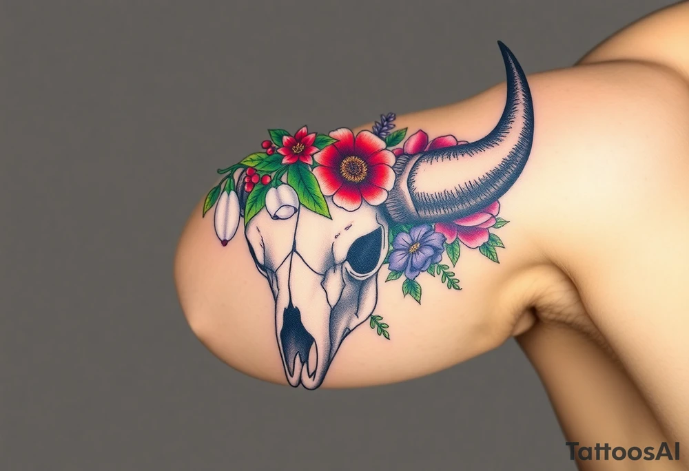 Buffalo or bison skull with flowers. Snow drop and red peony. Green holly with red berries, purple larkspur, red peony.  Colour. For upper arm or shoulder. Masculin. tattoo idea