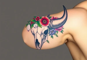 Buffalo or bison skull with flowers. Snow drop and red peony. Green holly with red berries, purple larkspur, red peony.  Colour. For upper arm or shoulder. Masculin. tattoo idea