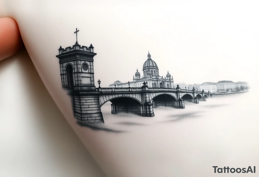 A realistic Charles Bridge silhouette, with fog rolling over the Vltava River, using soft grayscale shading with a hint of blue. tattoo idea