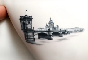 A realistic Charles Bridge silhouette, with fog rolling over the Vltava River, using soft grayscale shading with a hint of blue. tattoo idea