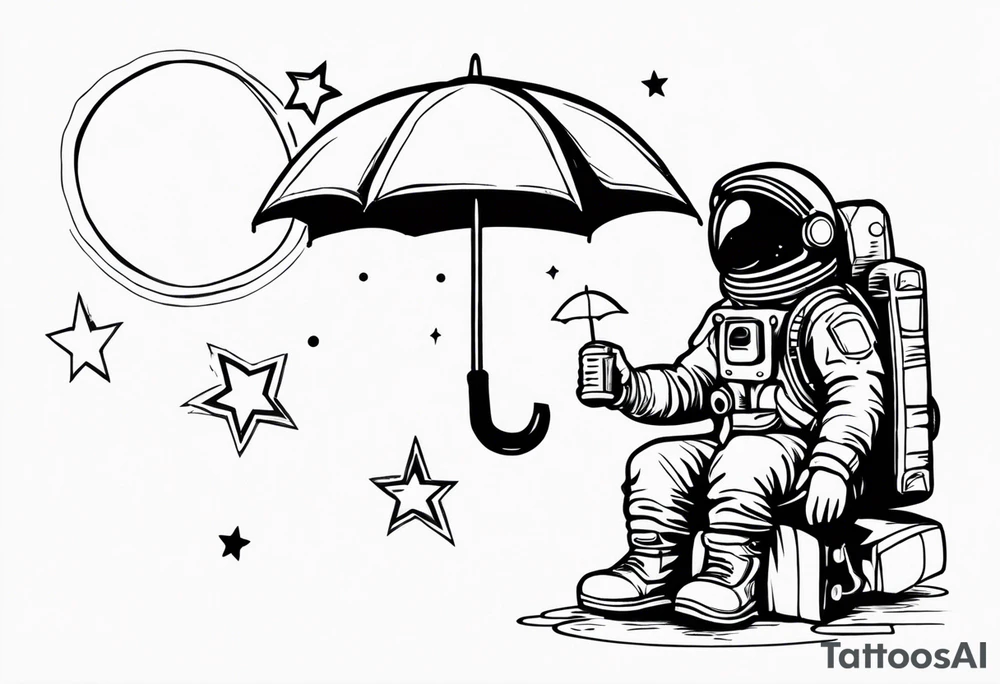 floating astronaut, with stars for eyes, holding an umbrella, with a blank speech bubble tattoo idea