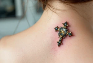 Vintage Cross with Clockwork Design – A very tiny vintage bronze cross featuring intricate clock gears in gold and rust, combining faith and time, with some soft shading in the back of a neck. tattoo idea