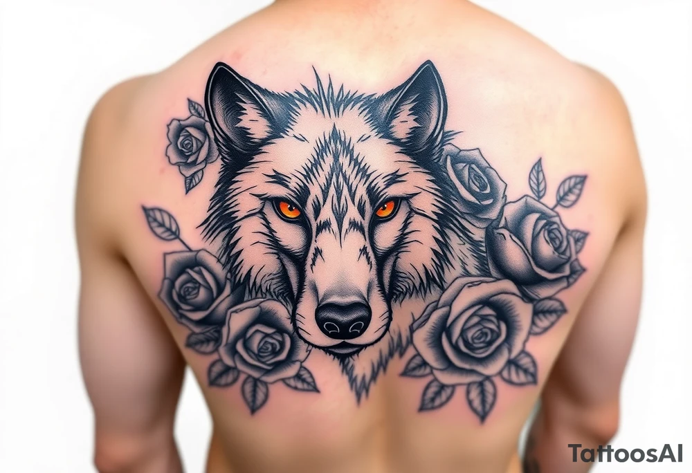 All black wolf half torso
(front facing) with orange eyes surrounded by blue roses tattoo idea