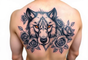 All black wolf half torso
(front facing) with orange eyes surrounded by blue roses tattoo idea