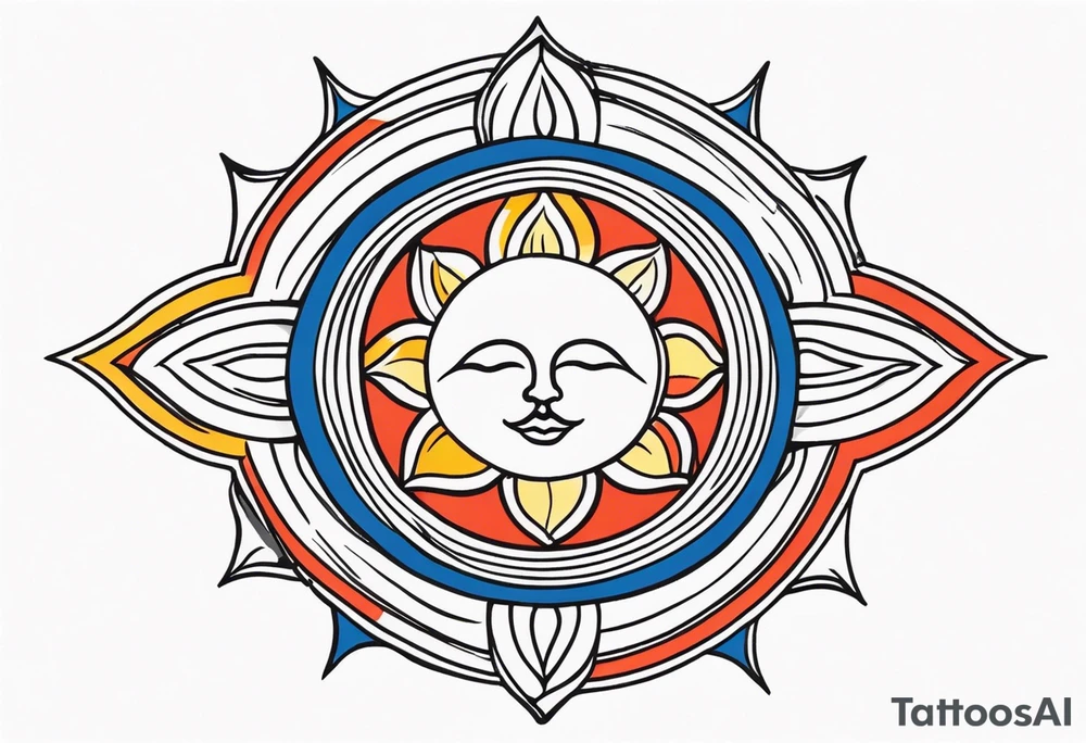 a simple red, blue, orange, and yellow sun with no white space and no faces tattoo idea