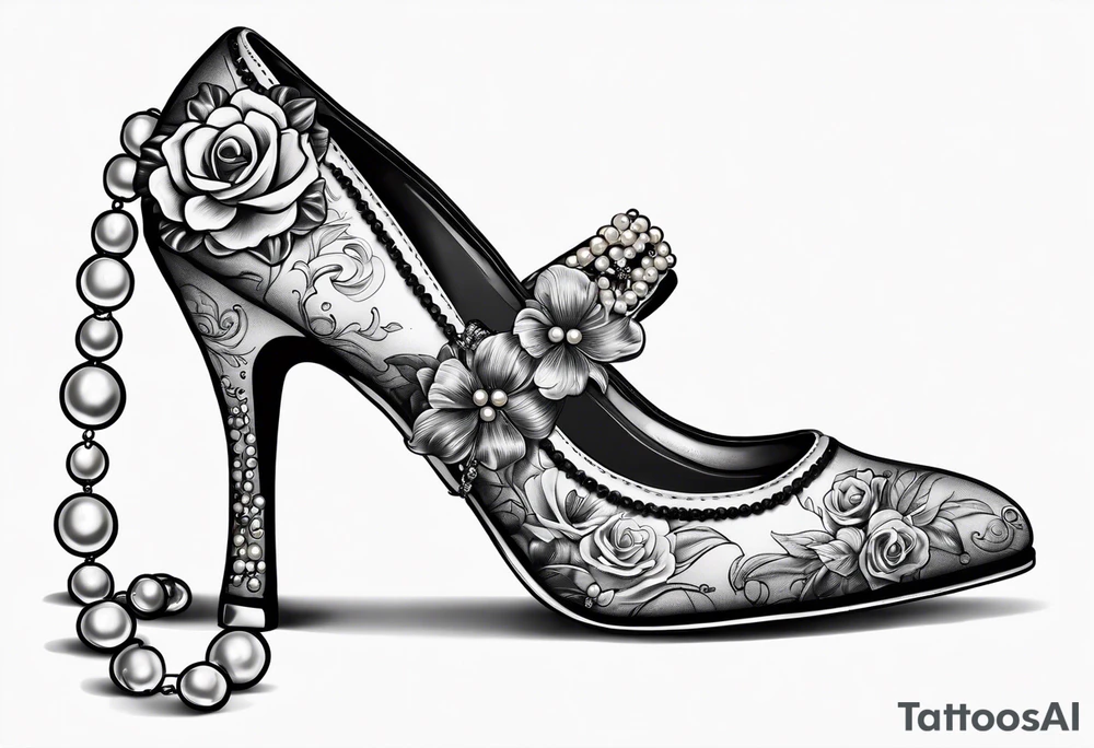 1950s pinup pumps wrapped with pearl necklaces and flowers tattoo idea