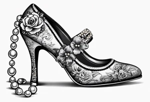 1950s pinup pumps wrapped with pearl necklaces and flowers tattoo idea