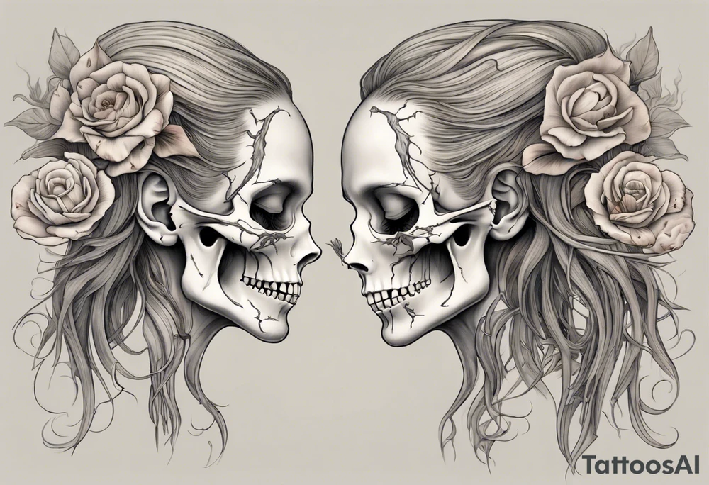 A profile view of a smiling female skull adorned with flowing, long hair, surrounded by symbolism representing the cycle of life and decay. Include a contrast between a fully decayed tulip, a pristine and vibrant tulip in full bloom, and a delicate tulip bud, all harmonizing with the eerie yet beautiful ambiance of the scene. tattoo idea