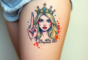 powerful blond findomme princess with crown on, holding up her middle finger with look of disgust on her face being pathetic with caption “Property of Princess Natti” tattoo idea