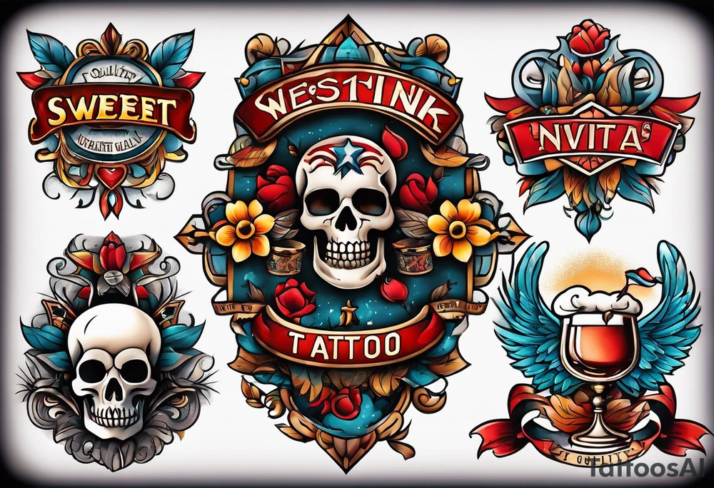 has wording "The Sweet Ink", traditional american tattoo style, bold, simple, colorful tattoo idea