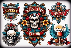 has wording "The Sweet Ink", traditional american tattoo style, bold, simple, colorful tattoo idea