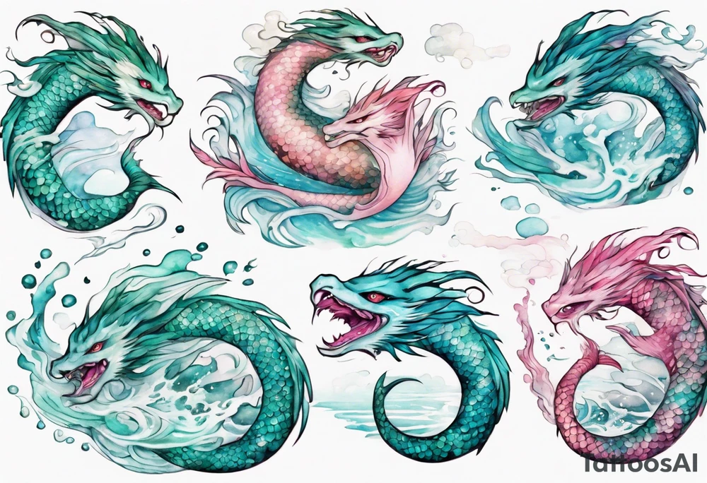 a turquoise and white and pink feathered sea serpent mermaid hybrid with beautiful eyes emerging from the stormy sea tattoo idea