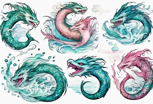 a turquoise and white and pink feathered sea serpent mermaid hybrid with beautiful eyes emerging from the stormy sea tattoo idea