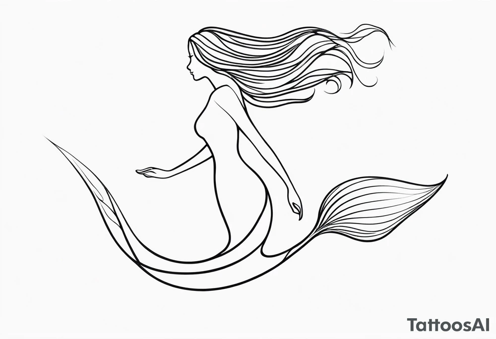 mermaid, long hair, diving like a dolphin face in profile, one-line, minimalist, tail in bottom left corner, right top right corner tattoo idea