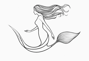 mermaid, long hair, diving like a dolphin face in profile, one-line, minimalist, tail in bottom left corner, right top right corner tattoo idea