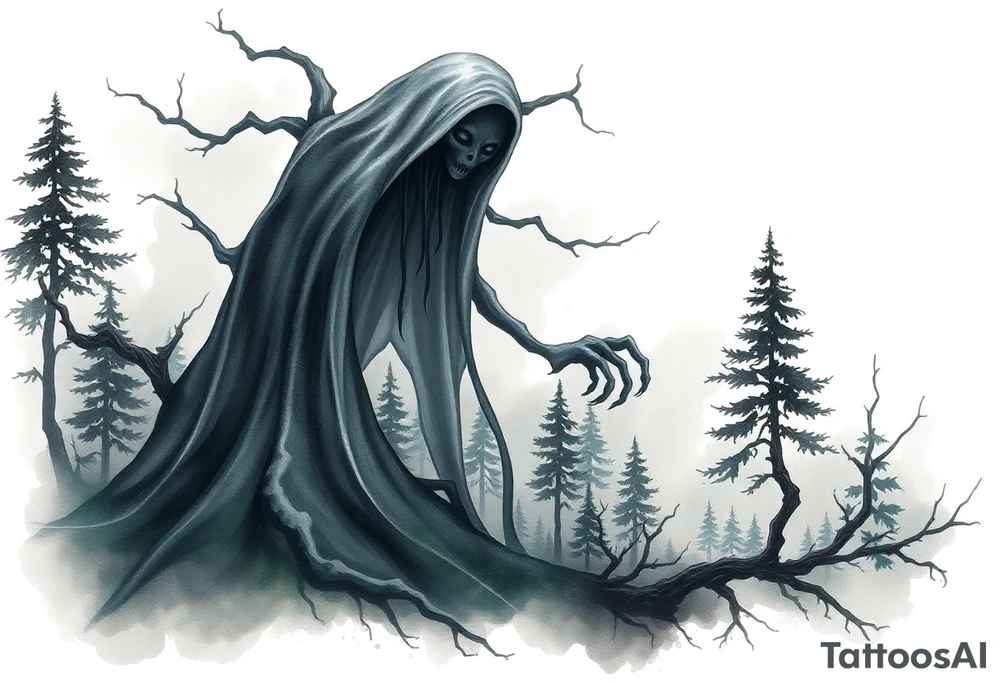 Eerie ghost looking creature in the woods tattoo idea