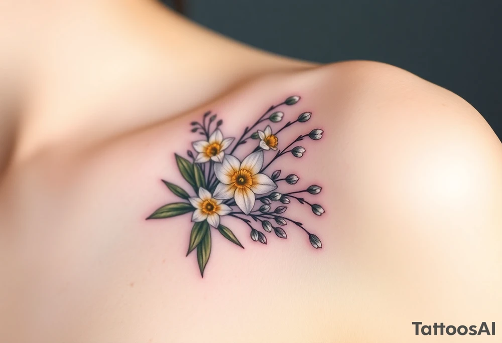 Feminine daffodils, Lily of the valley and larkspur bouquet tattoo idea