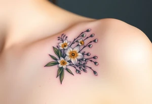 Feminine daffodils, Lily of the valley and larkspur bouquet tattoo idea