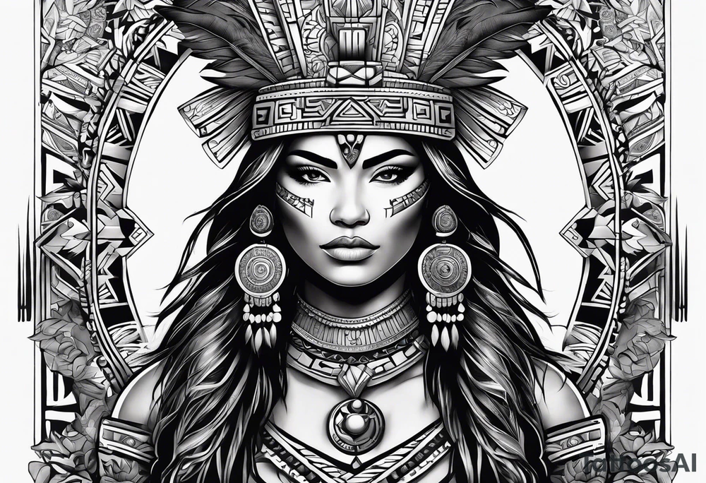 Aztec female warrior with aztec symbols in the background with a lion tattoo idea