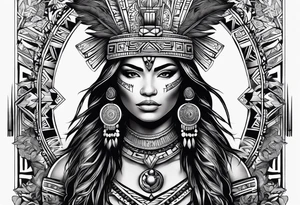 Aztec female warrior with aztec symbols in the background with a lion tattoo idea