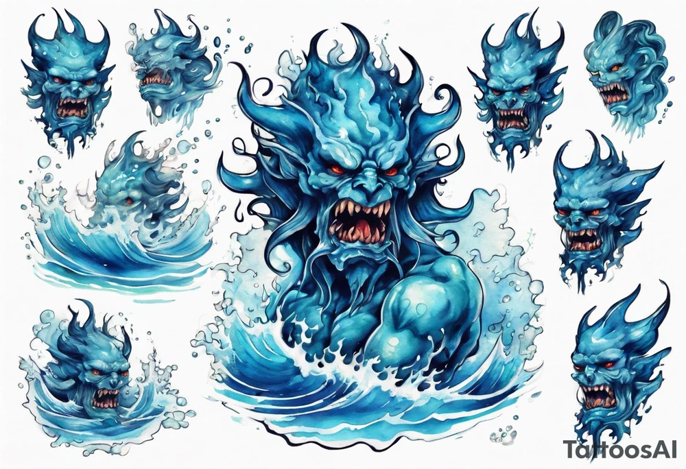 a beautiful blue sea demon standing in the sea surrounded by crashing waves tattoo idea