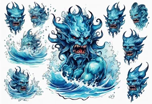 a beautiful blue sea demon standing in the sea surrounded by crashing waves tattoo idea