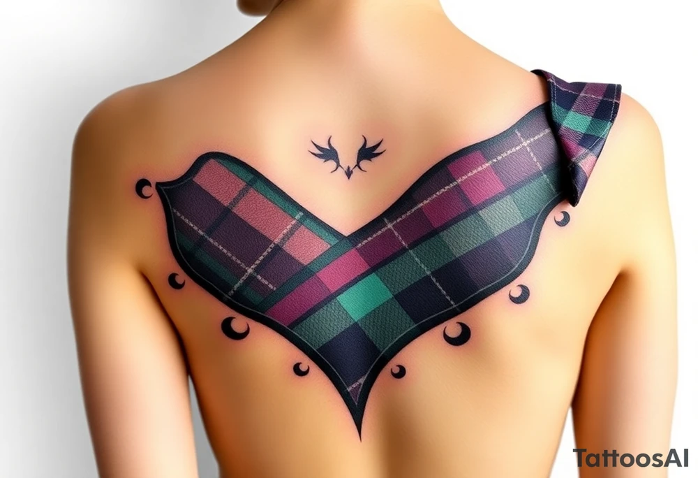 Breasts

Dark Purple with green pink blue and white highlights tartan fabric with skin around edges peeling and wrapping around side of shoulder tattoo idea