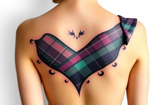 Breasts

Dark Purple with green pink blue and white highlights tartan fabric with skin around edges peeling and wrapping around side of shoulder tattoo idea