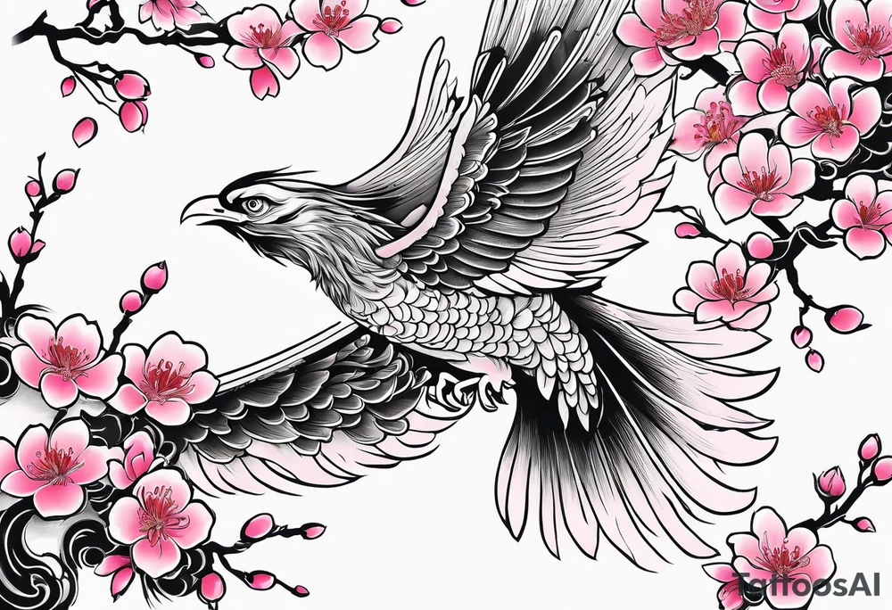 traditional Japanese phoenix and pink cherry blossoms blank background no clipped edges tattoo idea