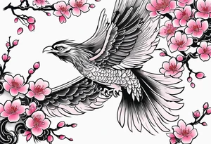 traditional Japanese phoenix and pink cherry blossoms blank background no clipped edges tattoo idea