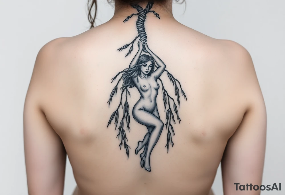 Fat naked sexy woman hanging with a noose around her neck dying from aweeping willow tree tattoo idea
