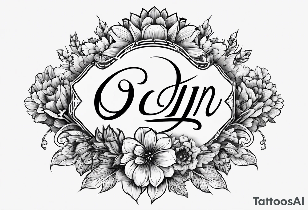 The name “odin” in script cursive writing with April birth flowers placed nicely through it and a dogs nose print at the end tattoo idea