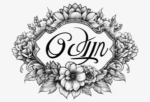 The name “odin” in script cursive writing with April birth flowers placed nicely through it and a dogs nose print at the end tattoo idea