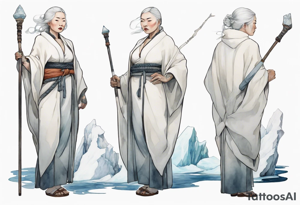 a 40 year old Inuit woman with white hair and a white robe holding a silver and white staff, standing on an iceberg tattoo idea