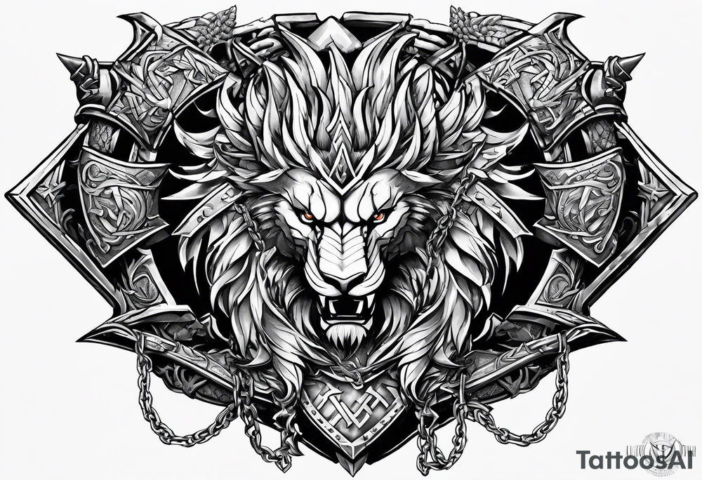 Valhalla sword shield dragon axe Valknut barbed wire chains lion tattoo idea Valhalla sword shield dragon axe Valknut barbed wire chains lion tattoo idea