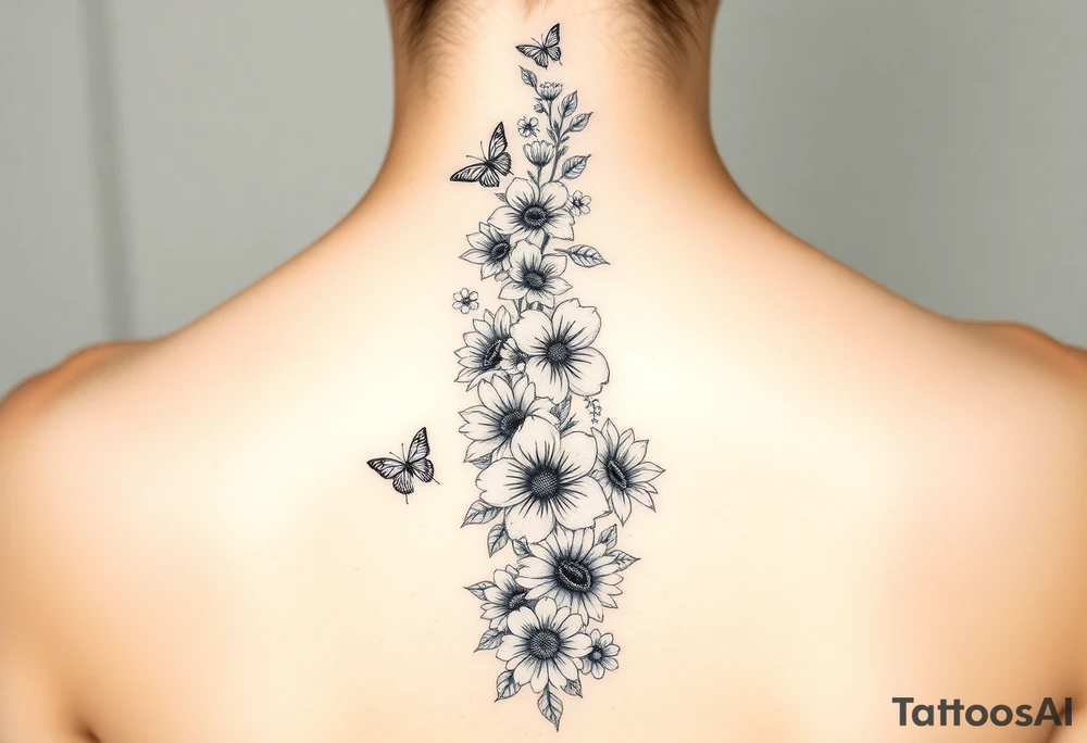 Singular Delphinium, violet, narcissus, rose, daisy bouquet vertically down the spine not connected with butterflies tattoo idea